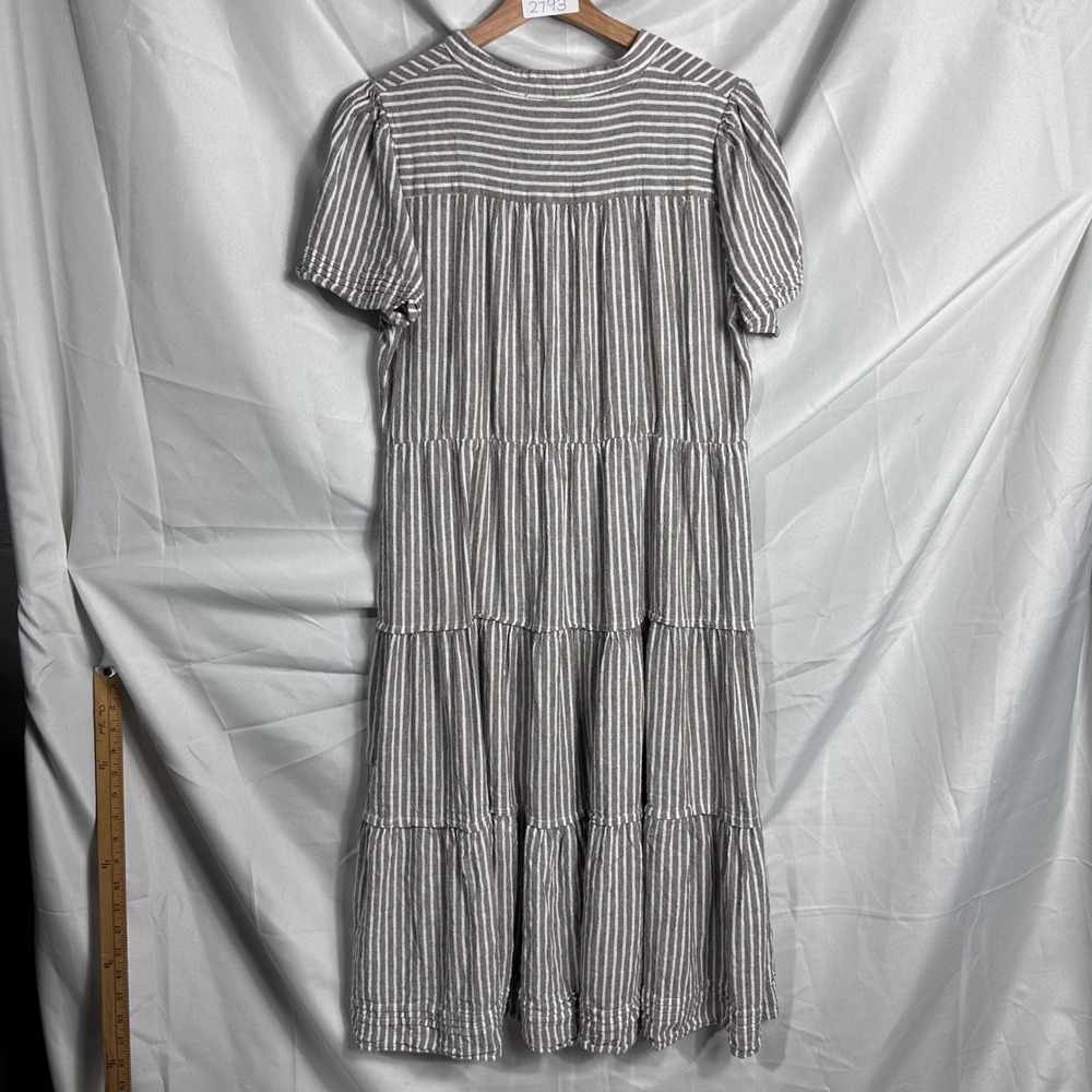 Cynthia Rowley Linen Blend Striped Tiered Midi Dress Taupe White Size L - Picture 7 of 8